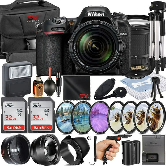 Nikon D7500 Mirrorless Camera with 18-140mm Lens   2 Pack SanDisk 32GB Memory Card   Pistol Grip Tripod   SV Premium Accessory Bundle (International Version)