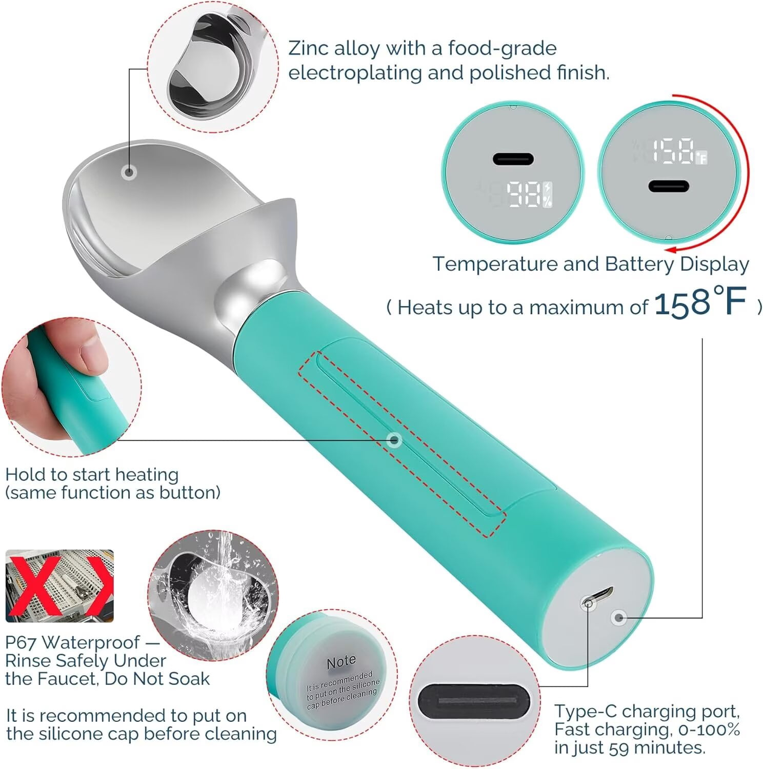 Heated Ice Cream Scoop, USB Rechargeable Electric Scooper with LED Display, Heats to 158°F for Hard Ice Cream, Easy for Seniors & Kids, IP69 Waterproof-Retro Mint