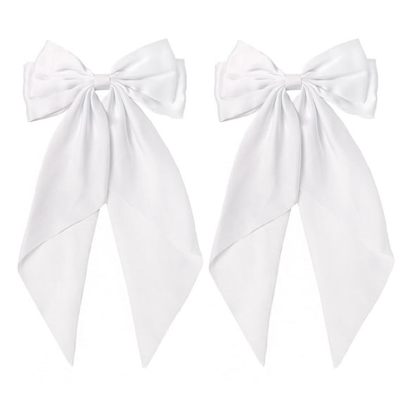 Lawq White Hair Bow for Women,2pcs Big White Bow for Hair,Large Satin Hair Bows for Girls Long Tail Bow Hair Clips Barrette Ribbons Ponytail Hair Accessories Birthday Gifts A416