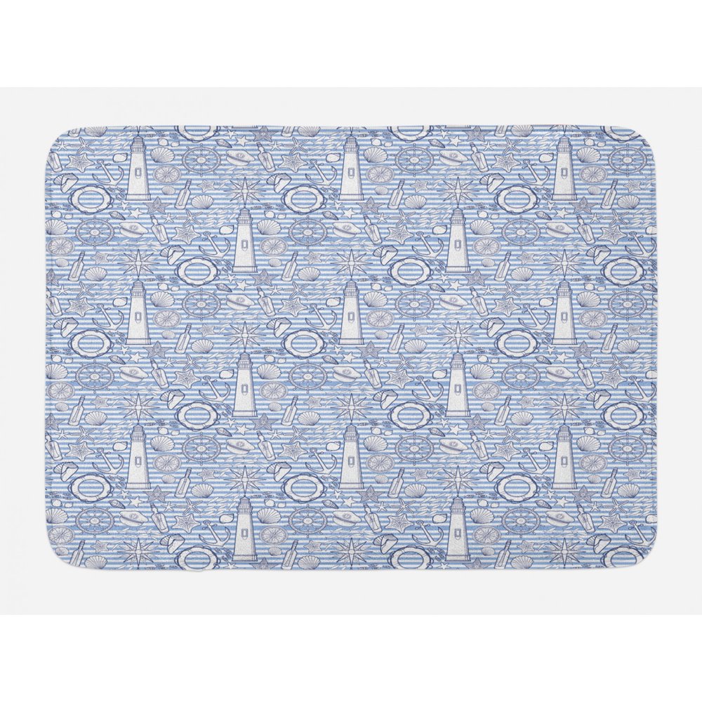 Nautical Bath Mat, Nautical Collection Ocean Seashell Bottle Compass Lifebuoy Fish Starfish