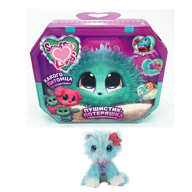little live pets scruff-a-luvs peluche mystery rescue pet juguete para mascotas conejo perro gato, baño sorpresa para gatos juguete de peluche para perros Multicolor — Peluche frontal de felpa azul verdosa con ojos grandes y brillantes, lazo rosa en la oreja y patas blancas, colocado delante de su empaque morado con ilustración del personaje; textura aterciopelada visible, ideal como juguete para abrazar, consola y decoración en cama o cochecito, apto como regalo para niños.