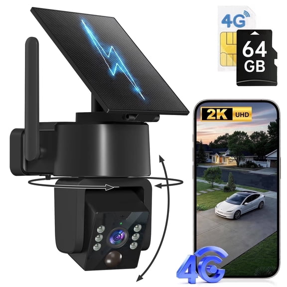 EcoView 4G LTE Solar Security Camera, No WiFi Needed, 2K UHD PTZ Outdoor Camera, Built-in SIM Card, Color Night Vision, 2-Way Audio, IP66 Waterproof