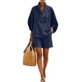 thumbnail image 3 of Cotton Linen Sets for Women 2 Piece Summer Outfits Casual Shirt and Shorts Suit, 3 of 5