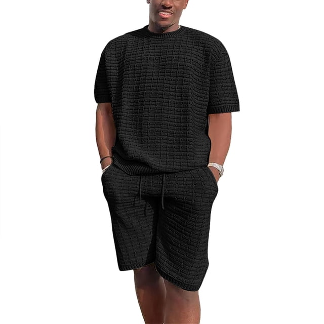 Conjunto de camiseta y pantalones cortos negros de manga corta para fiestas, trabajo y deportes de verano para hombre, elegante conjunto deportivo informal