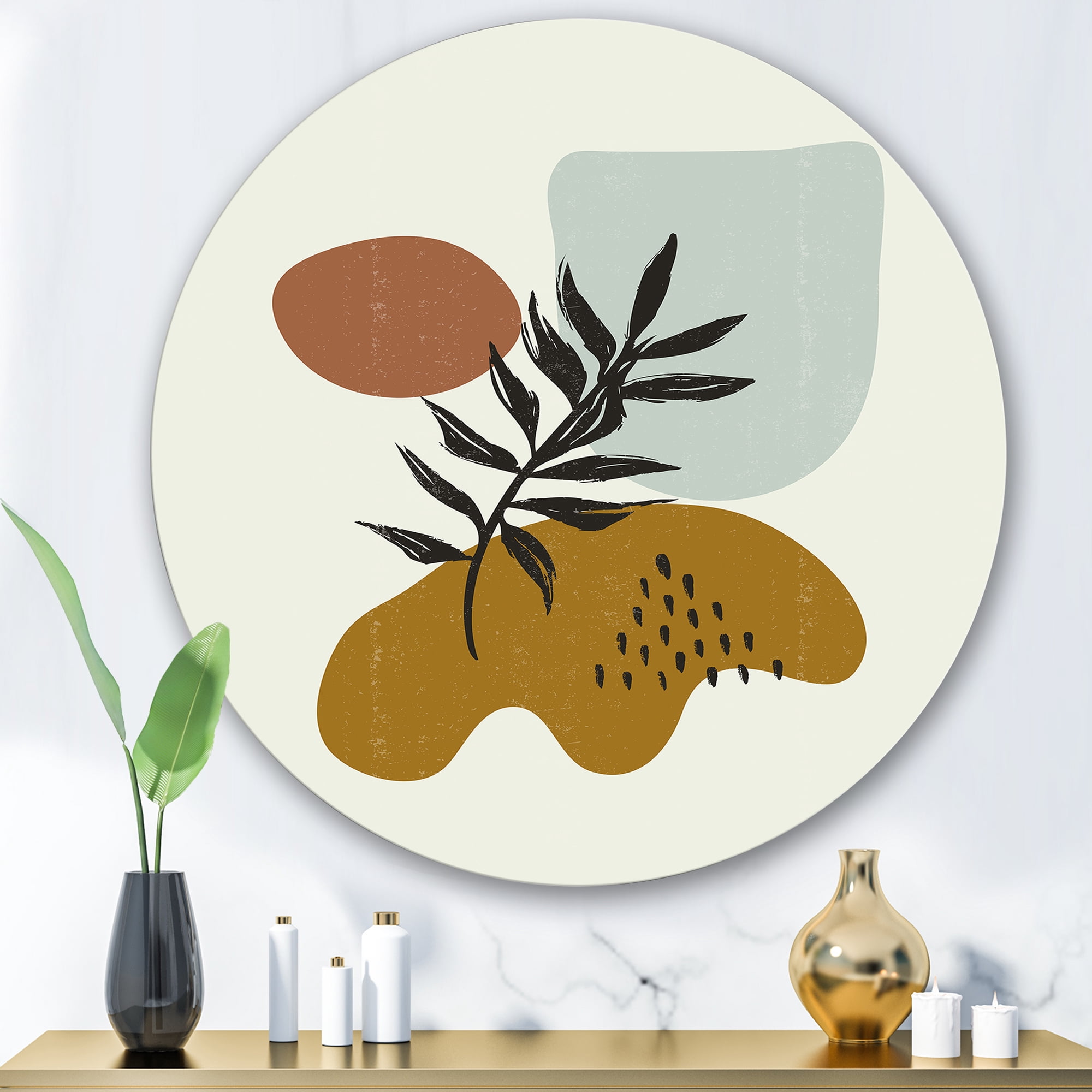 Designart 'Abstract Shapes With Botanical Minimalist Leaf II' Modern Circle Metal Wall Art 36x36 - Disc of 36