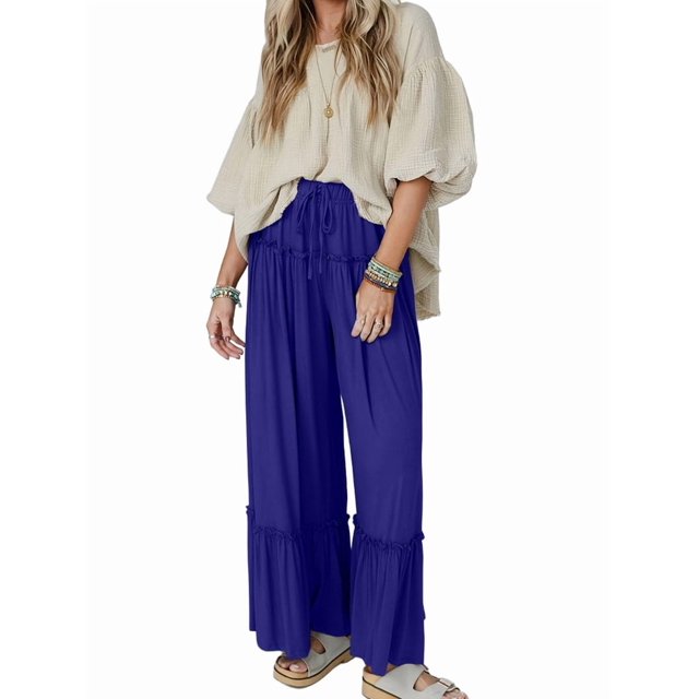 Pantalones Palazzo Holgados de Playa con Cintura Alta Elástica, Dobladillo con Volantes y Pierna para Mujer Azul S