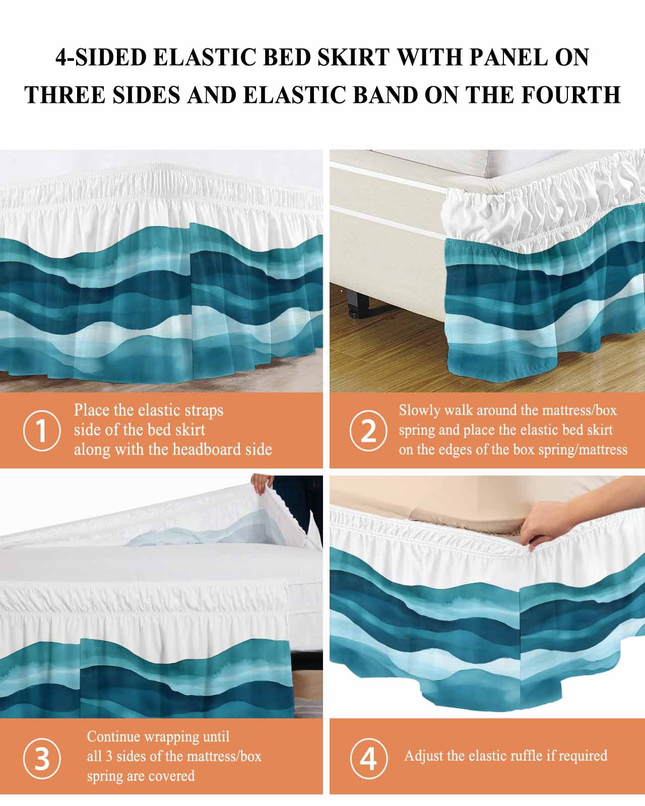 Teal Blue Bed Skirt Water Ripple Abstract Gradient Coean Waves Bed Skirts Queen Size 16 Inch Drop, Wrap Around Dust Ruffle&nbsp;Bedskirt with Adjustable Elastic Belt for Queen Size Beds