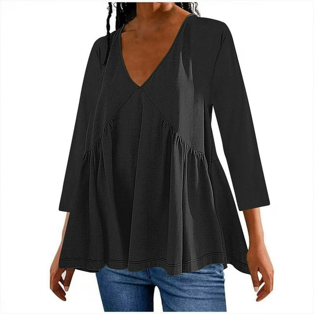 AherBiu Tops for Women Trendy 3/4 Sleeve Cute Ruffle Shirts Summer Flowy Comfy V Neck Ruched Blouses