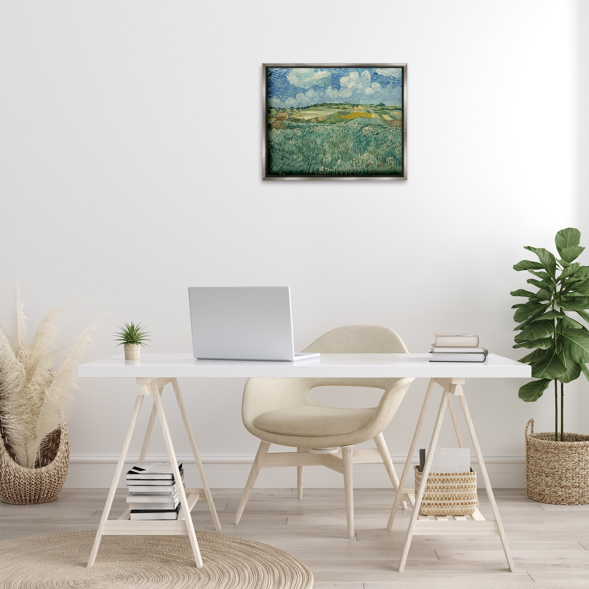 Stupell Industries Classical Van Gogh Farmland Landscape & Nature Painting Gray Floater Framed Canvas Art Print Wall Art, 21 x 17