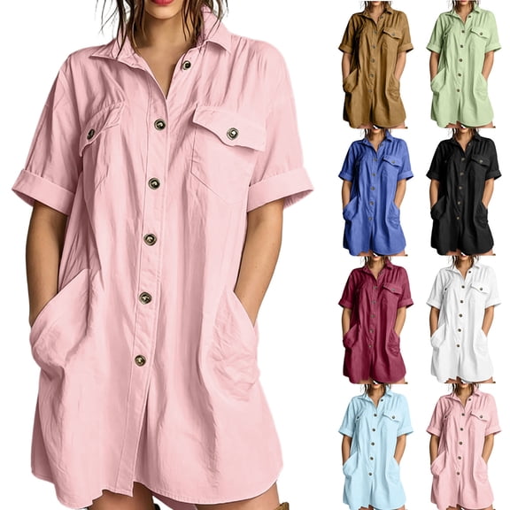 Miqool Women's Cotton Lapel Shirt Dress Casual Short Sleeve Button Front Utility Mini Dress with Pockets Loose Fit Summer Dress