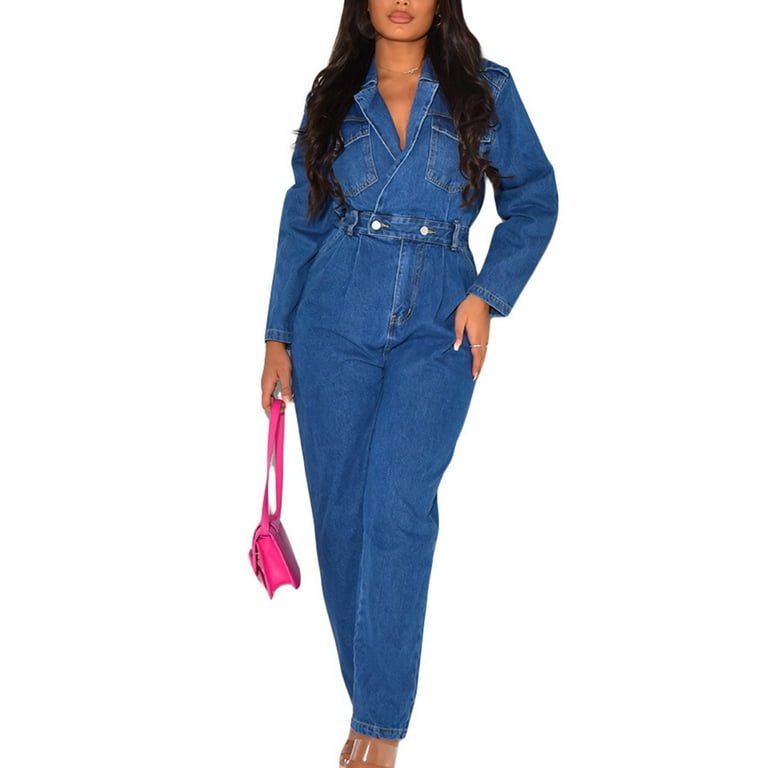 Mnyycxen Women's Slim Fit Denim Jumpsuit Long Sleeve Button