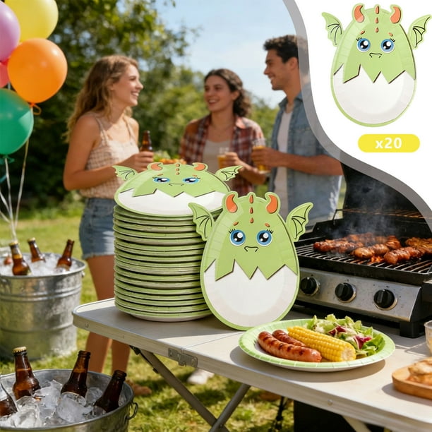 Platos de papel para fiesta de dinosaurios | Paquete de 20 bandejas verdes desechables para decoración de cumpleaños y picnics | 23 x 26 cm