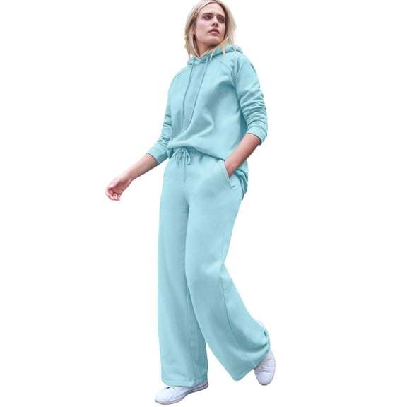 ellos Women's Plus Size Wide Leg Fleece Sweatpant With Drawstring Waist - 34/36, Aqua Sky
