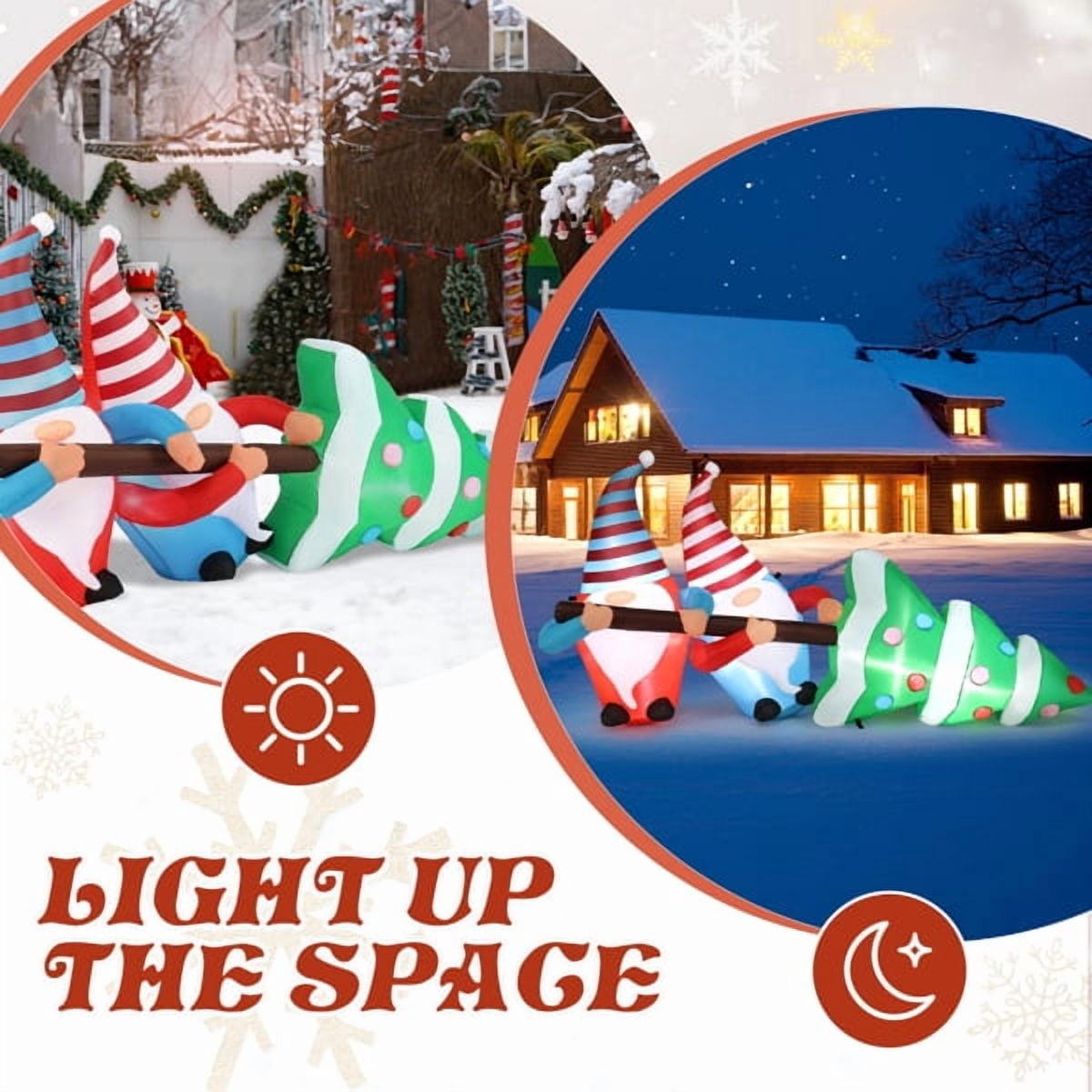 Alvantor 7 ft Long Christmas Inflatable with 2 Gnomes Pulling a Christmas Tree, 6 Built-in LEDs, Multicolor
