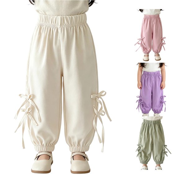 YMNXA Toddler Kids Girls Pants Elastic Waist Solid Color Bow Design Ankle-Tied Soft Breathable Loose Fit Summer Trousers For Everyday Wear,White,4-5 Years