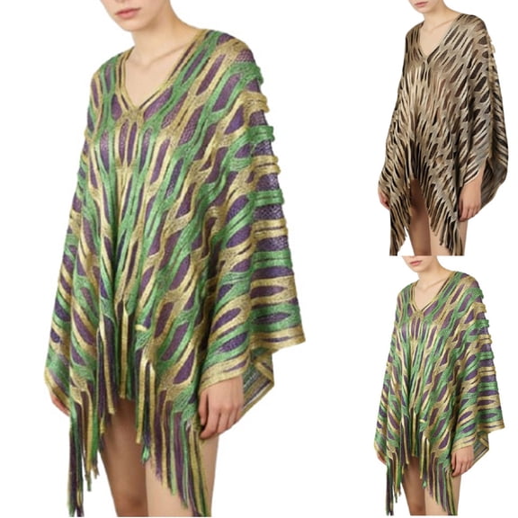 Baberdicy Shawl Wraps Long Fringed Evening Cape, Wavy Hem Long Poncho Wrap for Women, Oversized Bohemian Style Gold Universal Fit