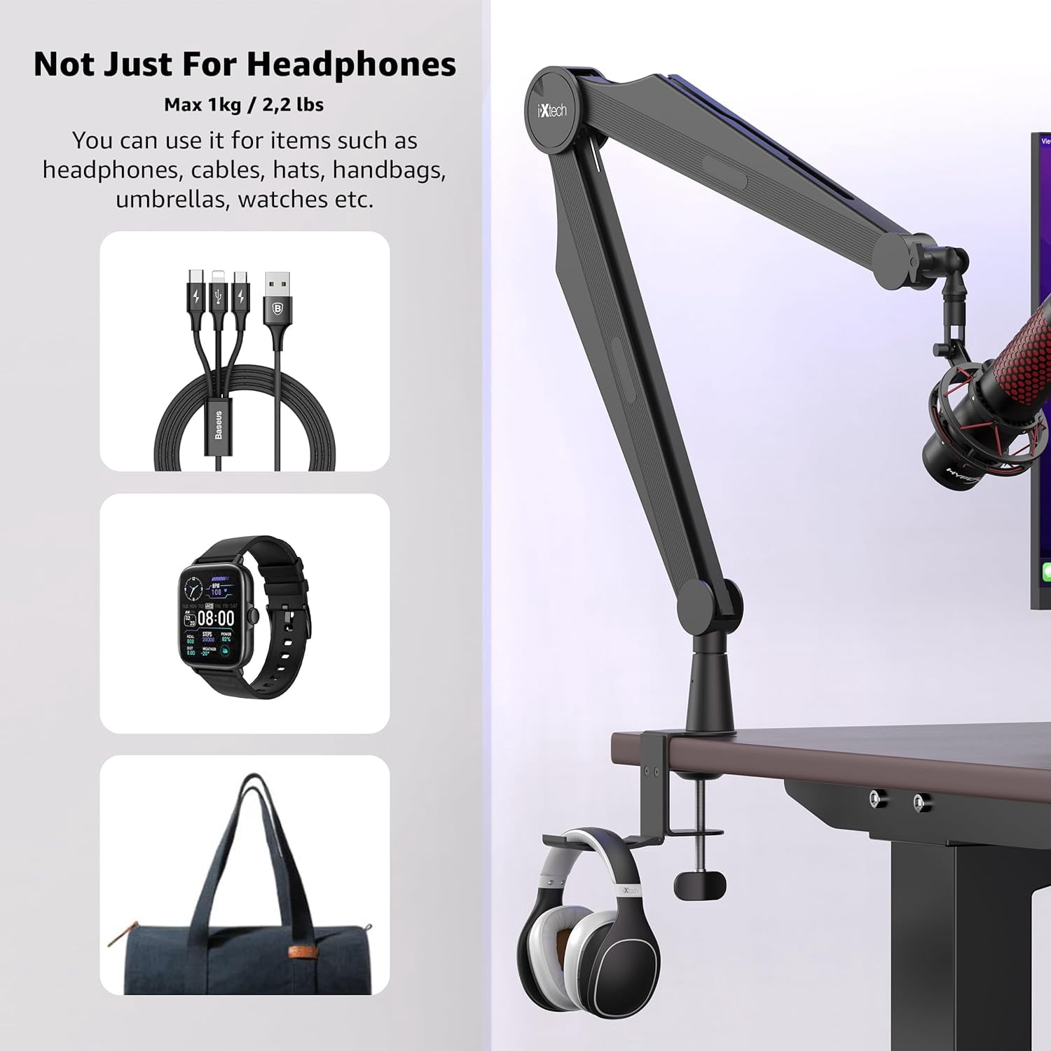 IXTECH Mic Boom Arm Microphone Arm for Blue Yeti Shure Sm7b Hyperx QuadCast Rode At2020 and Fifine Upgraded Mic Stand with Tablet and Headphone Holder for Gaming Podcasting and Streaming CAPTAIN PRO