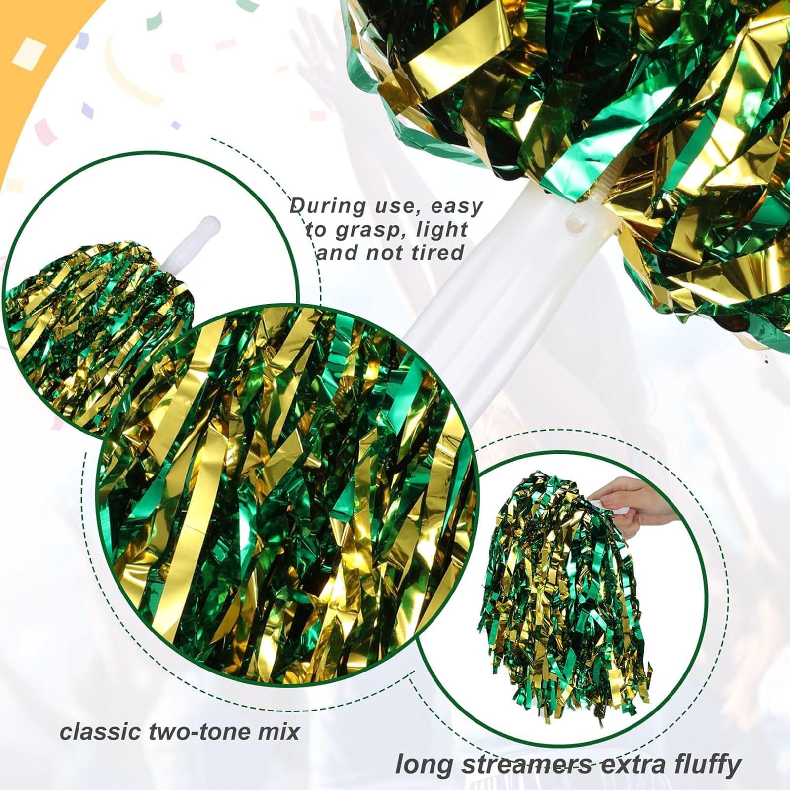 12-Pack Cheerleading Pom Poms, Metallic  Pom Poms Bulk with Handles, Plastic Sports Pom Poms for Cheerleading, Dance & Parties