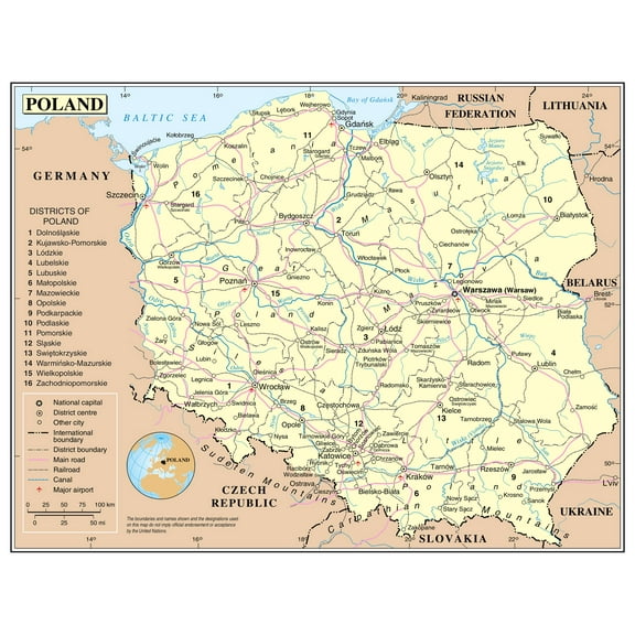 Palmetto Posters 24x31 Laminated Poster: Large detailed political and administrative map of poland with roads railroads major cities and airports
