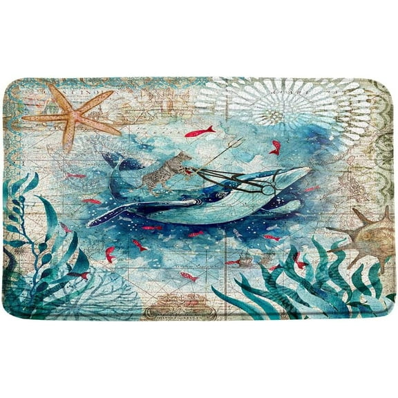 Funny Cat Riding Whale Bath Mat Ocean Biological Fish Seaweed Coral Starfish Nautival Old Map Sea Marine Life Bathroom Kitchen Memory Foam Rug,18x30 Inch