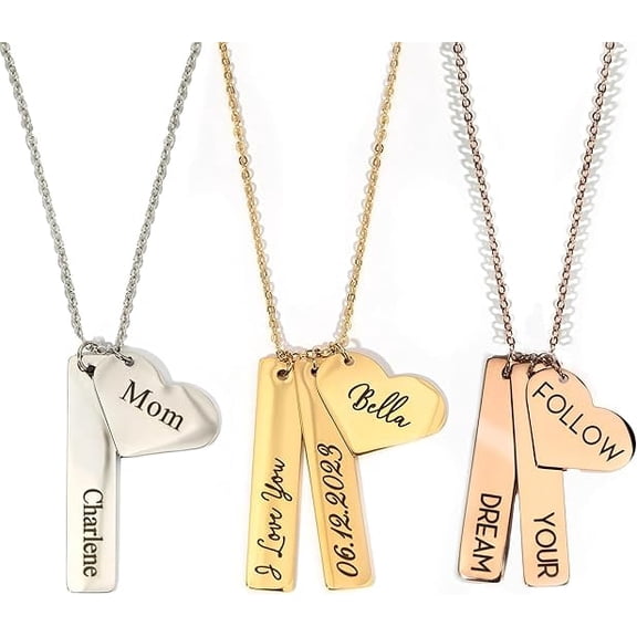 Name Necklace Personalized Engraved Gold Bar Necklace,Names, Heart Charm, Gift for Mom, Unique Birthday Jewelry for Women