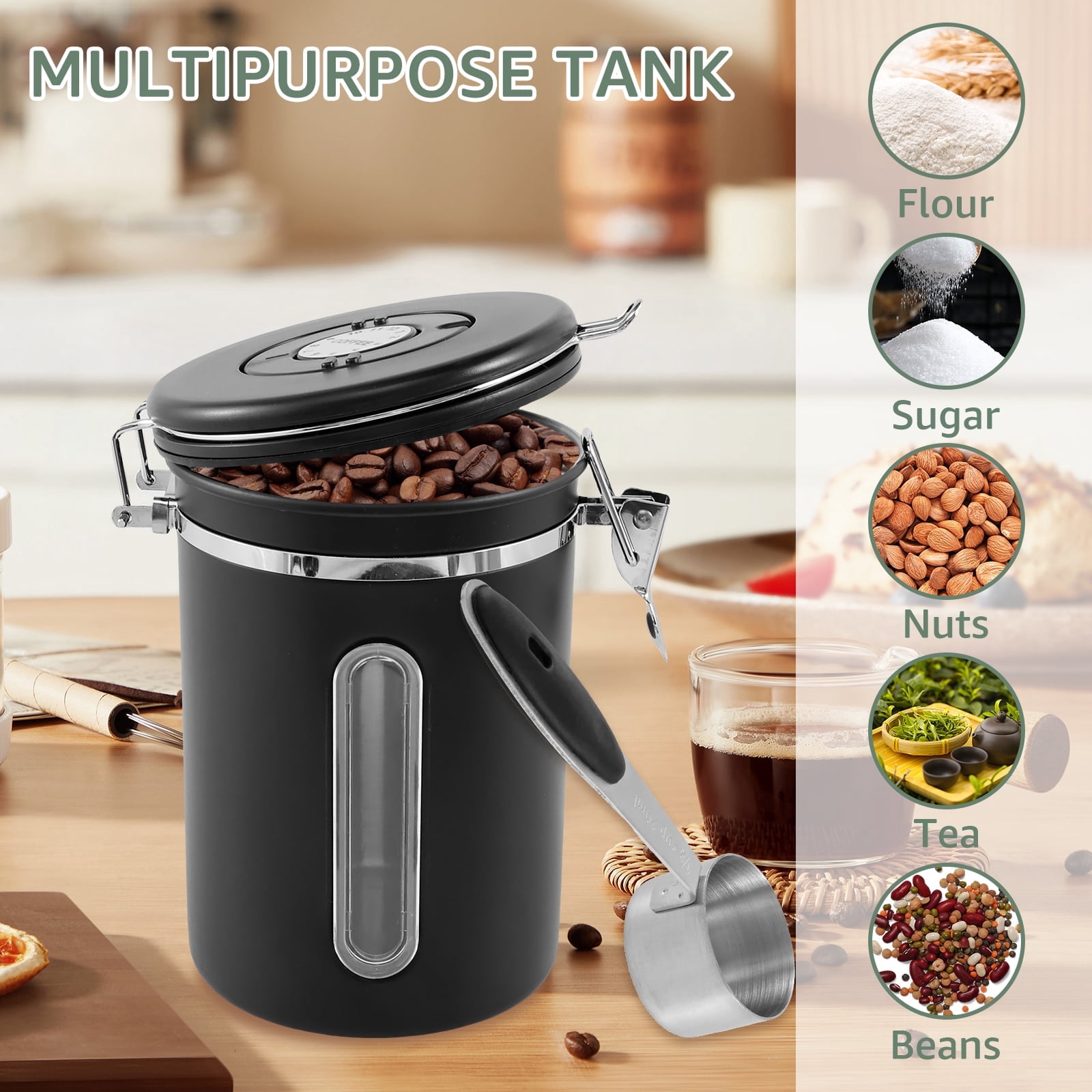 FUYGRCJ Coffee Canister,Tea CanisterAirtight Stainless Steel Kitchen Food Storage Container with Date Tracker and Scoop for Grounds Coffee,Beans,Flour,Cereal,Sugar,1.8L,Black
