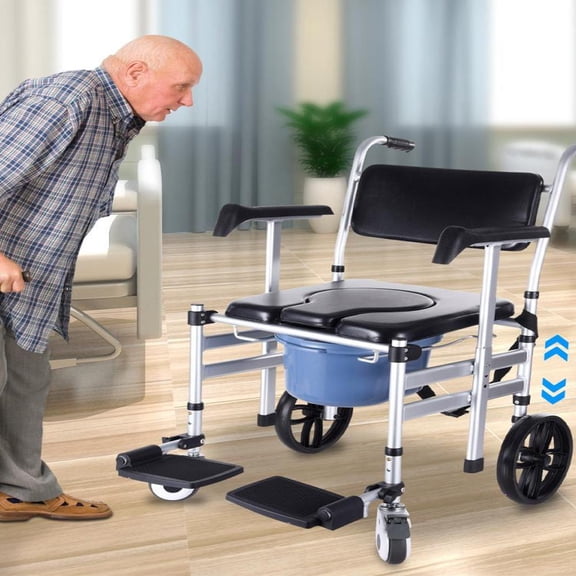 Shower Commode Wheelchair with 2 Lockable Wheels, Footrests, Flip-up Arms, 308 LBS Capacity, Commode Chair for Adults Seniors