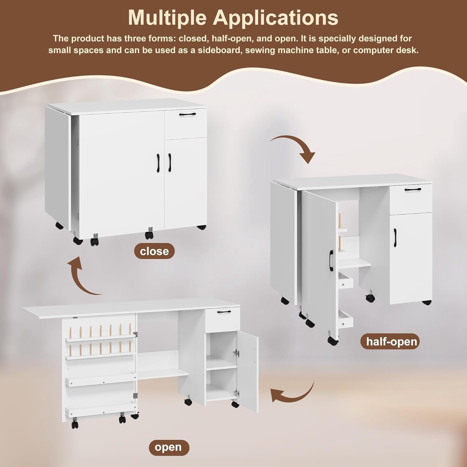 Folding Sewing Machine Table with Storage Shelves and Sliding Drawer, Rolling Side Desk with Lockable Wheels, Craft Station for Sewing Machine for Home, Bedroom, White