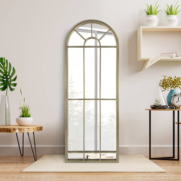 Espejo de Pared Ventana Espejos Decorativos Arqueado Estilo Granja para Sala de Estar Dormitorio Entrada Baño Tocador (Dorado, 47" x 17" x 1")