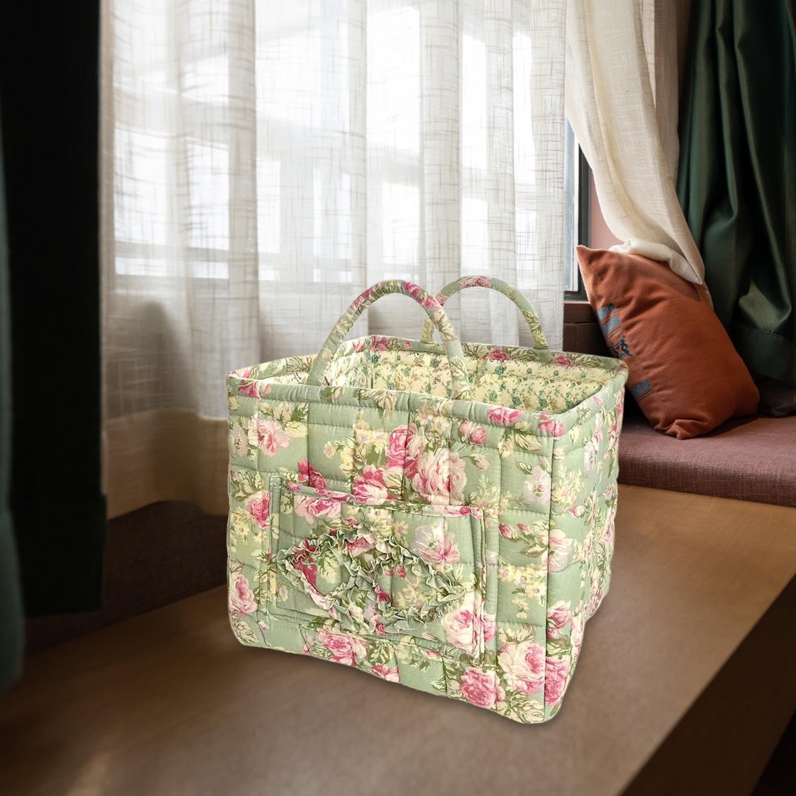 Extra Large Fabric Storage Basket – Boho Floral Laundry Hamper with Carry Handles, Foldable Clothes Organizer for Bedroom, Office, Travel & Shopping (Floral Pattern, Durable Canvas)