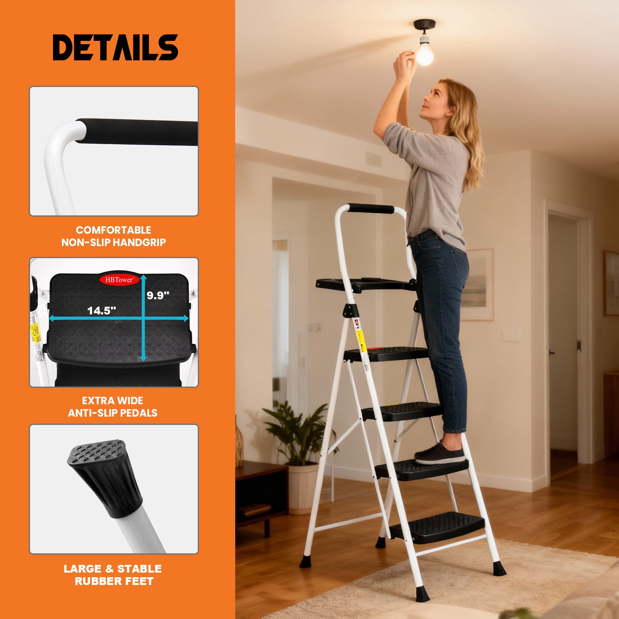 HBTower Folding 4 Step Ladder with Tool Tray, Wide Anti-Slip Pedal and Anti-Slip Feet, 330lbs Capacity, White