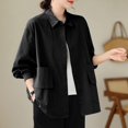 thumbnail image 2 of Women Linen Blend Shirt Jackets with Pocket Long Sleeve Casual Loose Coat Lapel Collar Cardigan Lightweight Outwear (Medium, Black 01), 2 of 4