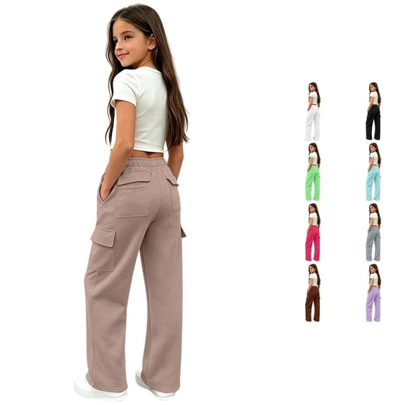 OSOLU Girls Pants Elastic Waist Multi Cargo Pockets Wide Leg Casual Daily Trousers Khaki