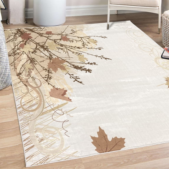 Nature Decorative Rug, Autumn Maple Leaves Branches in Fall Earthen Tones Faded Woodland Art Print, Quality Carpet for Bedroom Dorm and Living Room, 6 Sizes, Sand Brown, by Ambesonne