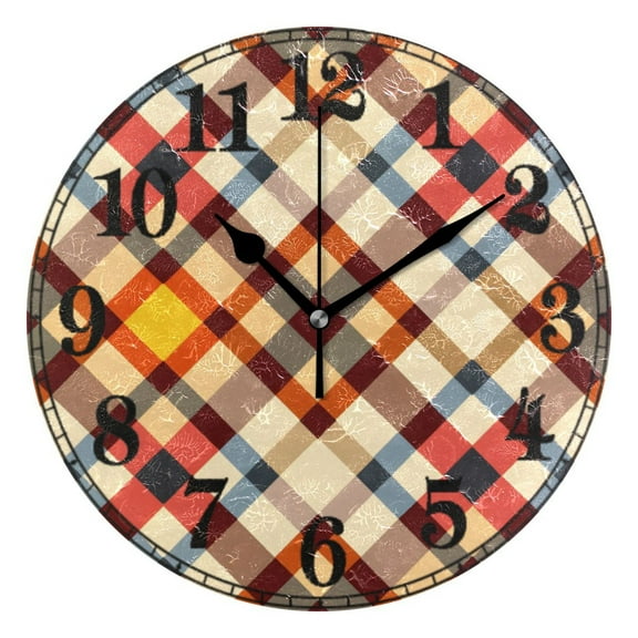 Red Artistic Checkered Pattern Silent Wall Clock 10" Non-Ticking Battery Clock