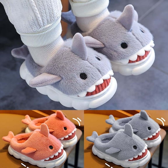 CAIXIA Shark Kids Fuzzy Slippers for Boys Girls with Memory Foam Lined Dinosaur Bunny Non- Sole House Slippers for Kids Warm Soft Winter Indoor Slipper Outdoor Girl Gifts