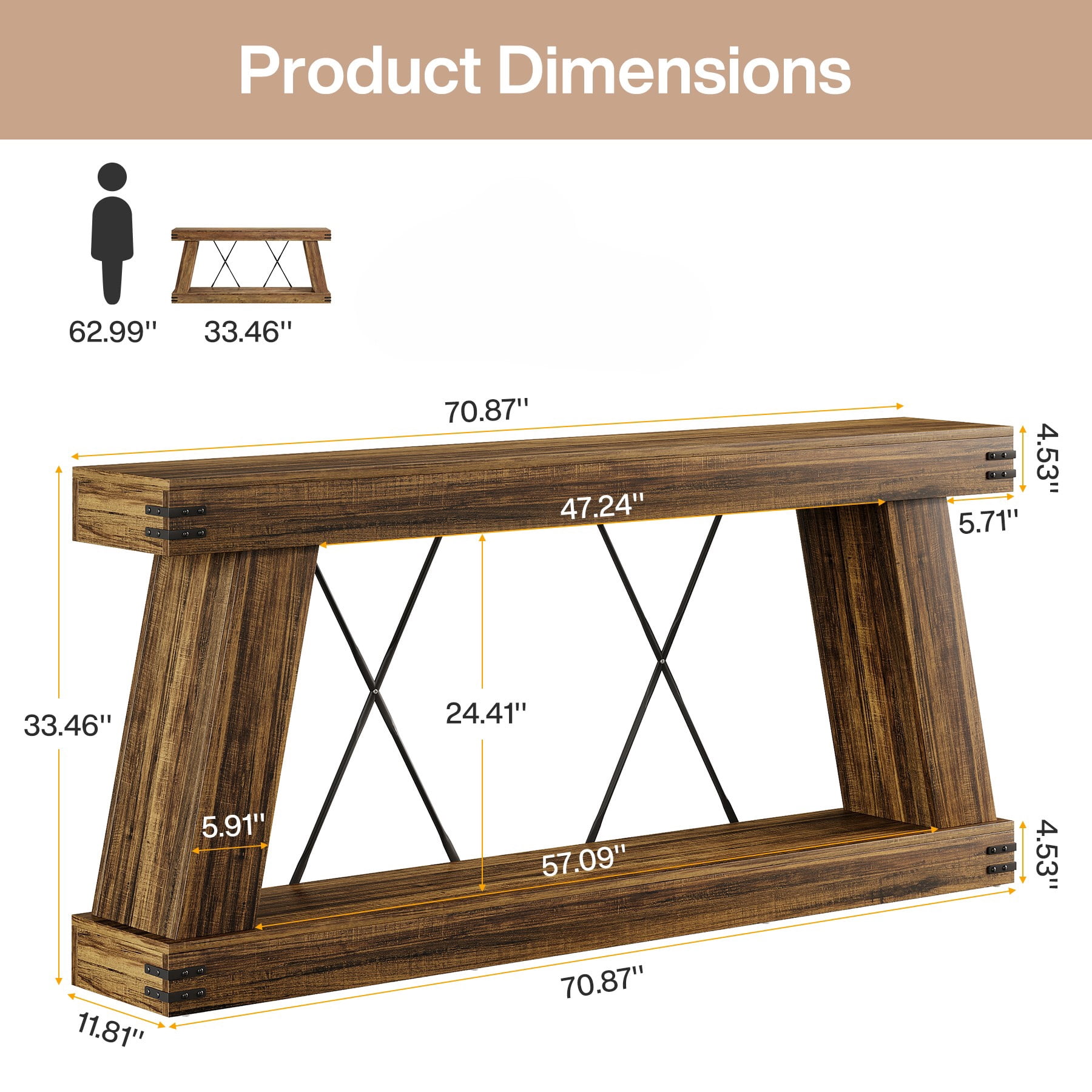 Fnova 70" Farmhouse Console Table, Long 2-Tier Entryway Table with X-Shaped Metal Support, Narrow Wood Sofa Table for Living Room, Hallway, Behind Couch, Dark Brown