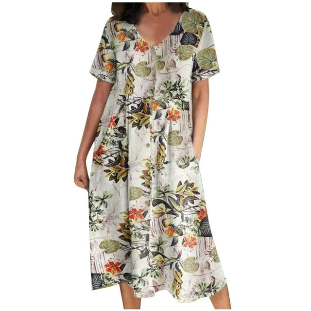 EQWLJWE Robes d'Été pour Femmes 2023 Robes pour Femmes Liquidation Mode Féminine Aguichant Vintage Col en V Manches Courtes Bouton Poche Robe Décontractée