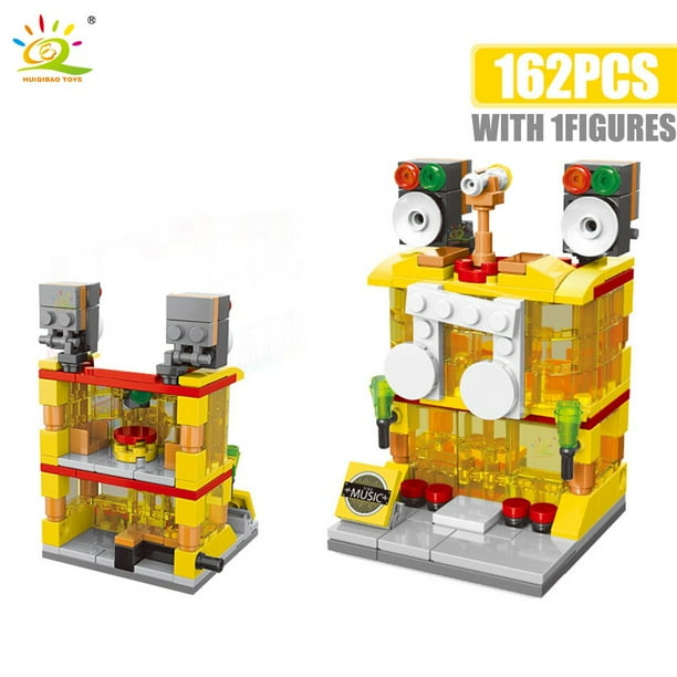 HUIQIBAO City Street View Hamburger Fast Food Shop Building Blocks DIY Construction Beverage Shop Bricks Toys For Children Gift zhangmengya LED
