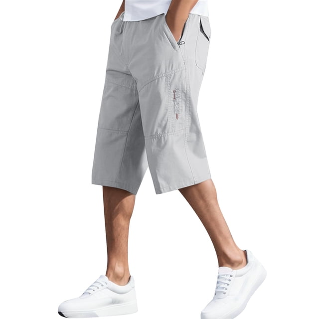Mens Cotton Four Seasons Fashion Simple Solid Color Elastic Waist Overalls Casual Pants Shorts