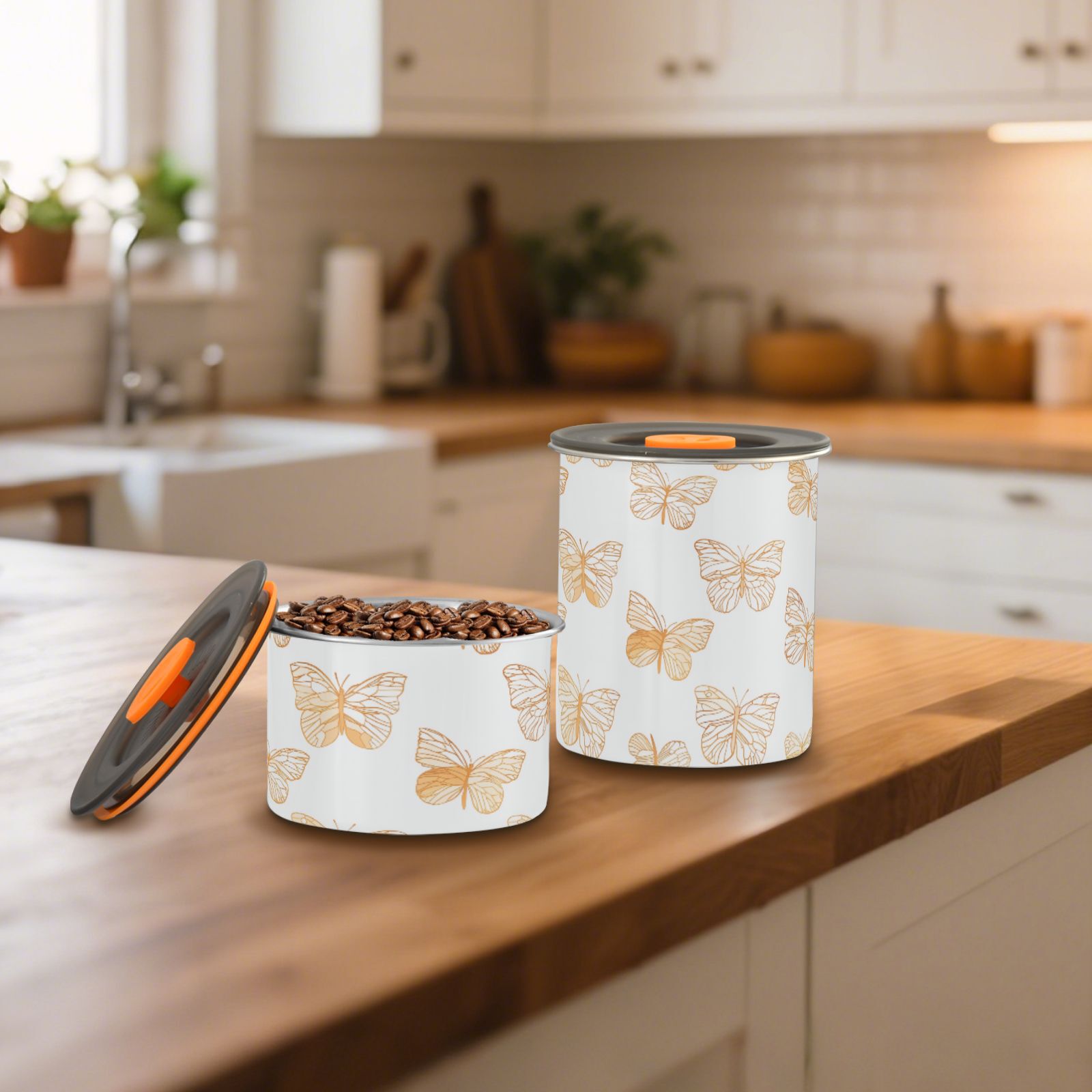 Gold Butterfly Print Airtight Coffee Bean Canister 30oz Food Storage Containers with Lids For Gournd, Tea, Sugar, Flour, Rice, Cereal, Candy Cookie Jar