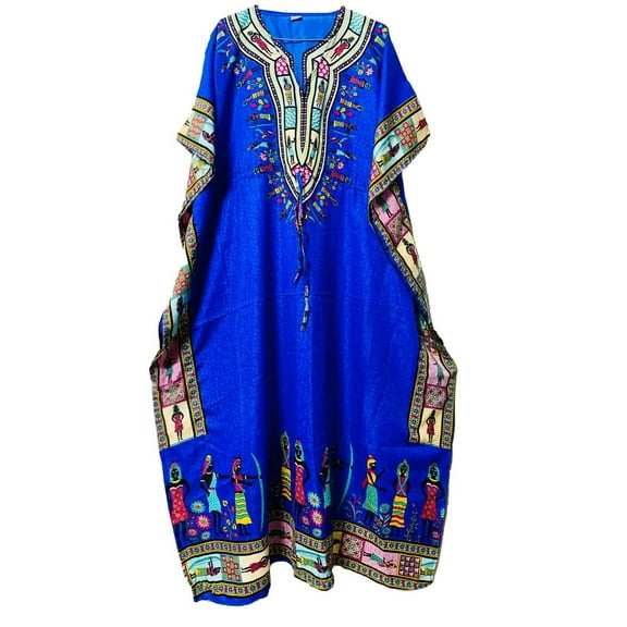 Starculture Blue Long African Kaftan Boho Dress Beach Cover Up Caftan Gown Nightwear Maxi Women