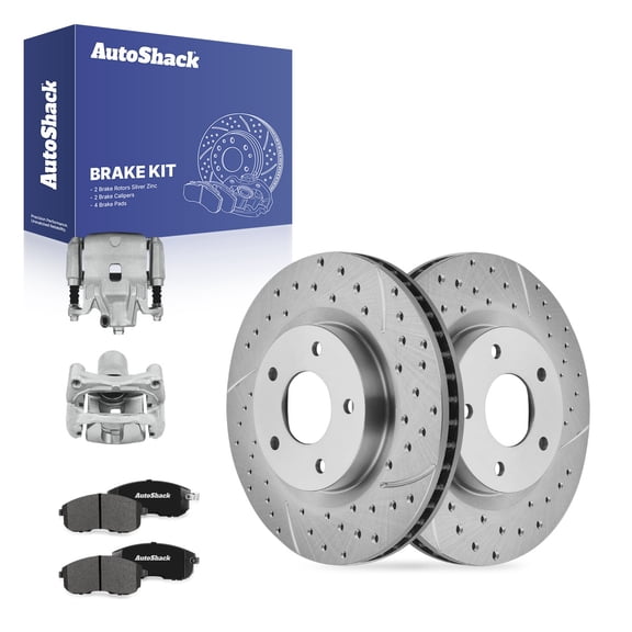 AutoShack Front Vented Drilled & Slotted Silver Zinc Coated Brake Rotors   Premium Ceramic Pads   Calipers 8-PC Brake Kit Replacement for 2007-2010 Nissan Sentra SilverShield Pro 11.65" (295.8 mm)