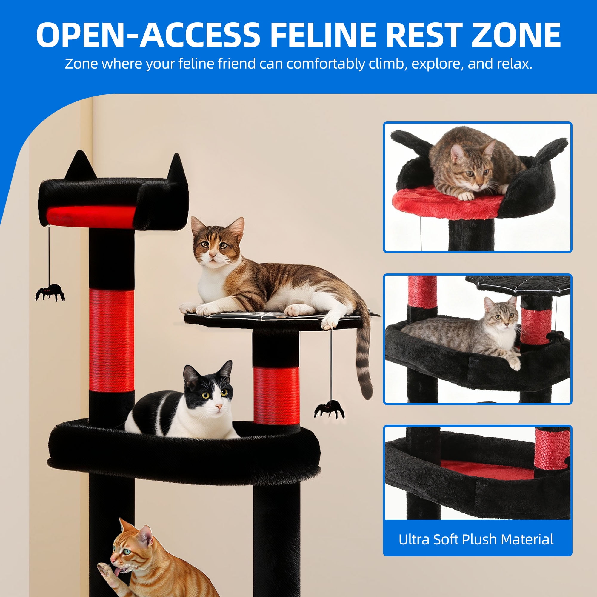 Homiflex Cat Tree for Automatic Litter Box, 67''H Cat Tower with Litter Box Enclosure, Scratching Post, Hooks, Halloween Style, Black/Red