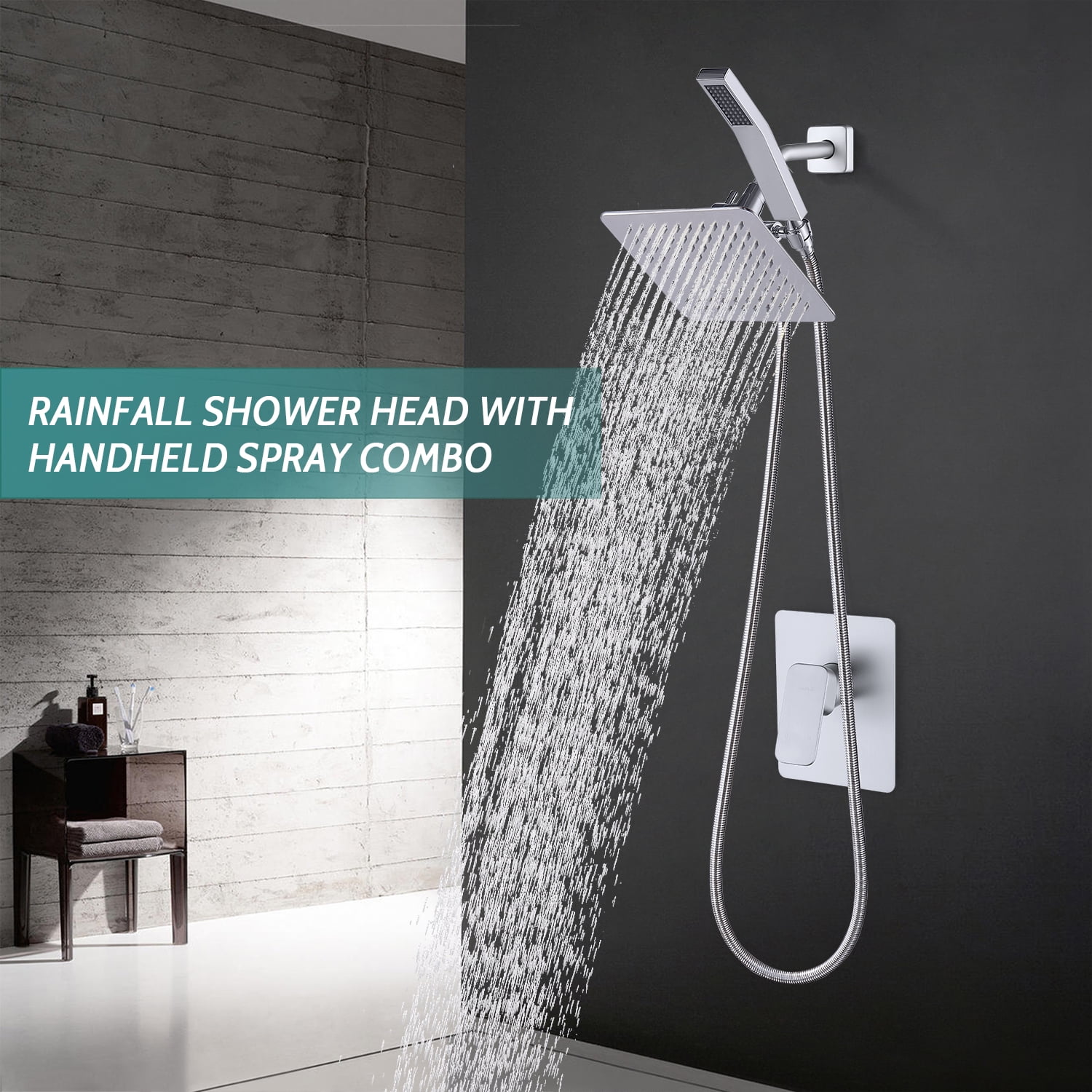 G-Promise All Metal Square 8" Rainfall Shower Head with Handheld Combo, with 71" Extra Long Flexible Hose, Smooth 3-Way Diverter
