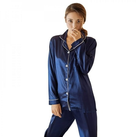 

Merotable Women s Sexy Sleepwear Striped Lapels Button Silk Satin Home Service Long Sleeve Two-piece Pajamas Suit