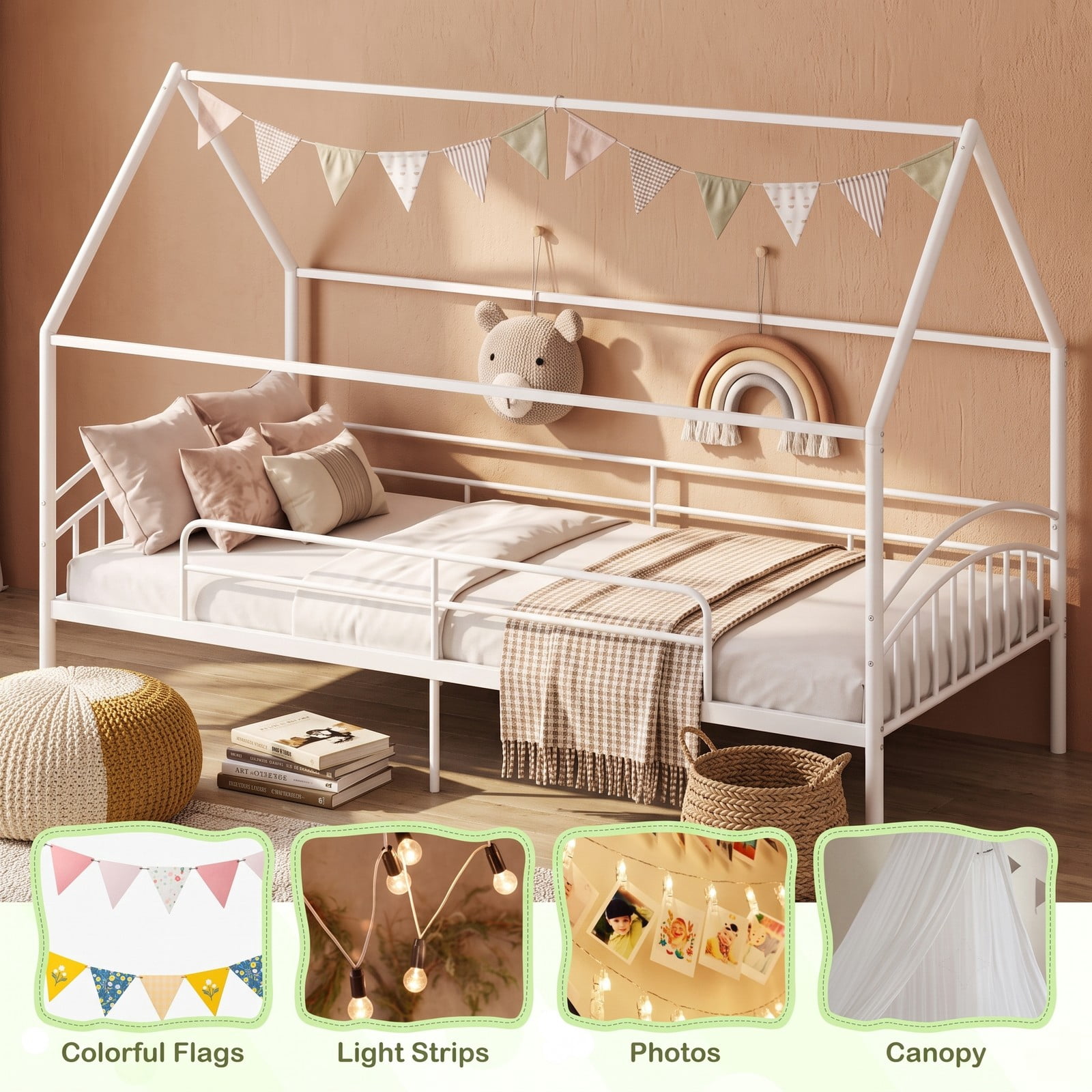 Furnibear Twin Over Twin House Bunk Bed with Slide Ladder and Heavy-duty Metal Slats for Kids and Shared Bedrooms, White