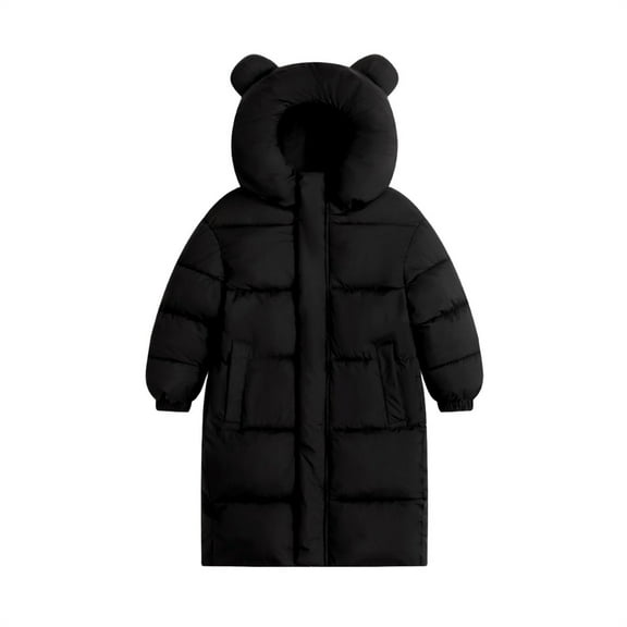 YunPes Girls' Knee Length Padded Jacket Cute Bear Hooded Winter Coat Toddler Kids Long Puffer Jacket Loose Fit Windproof Outerwear