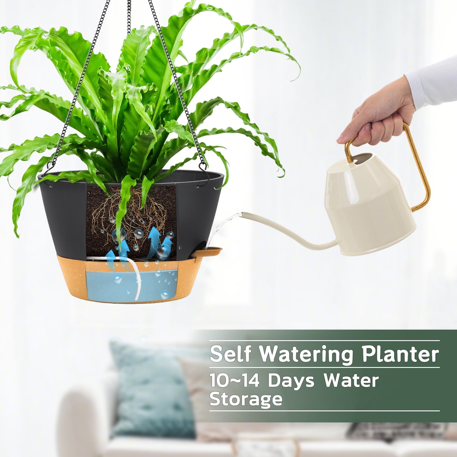 FIASON 2 Pack 8 Inch Black Gray Self Watering Hanging Planters, Indoor Outdoor Plastic Flower Pots with Visual Reservoir, Drainage Holes & Chain Hanger for Home Garden Decor