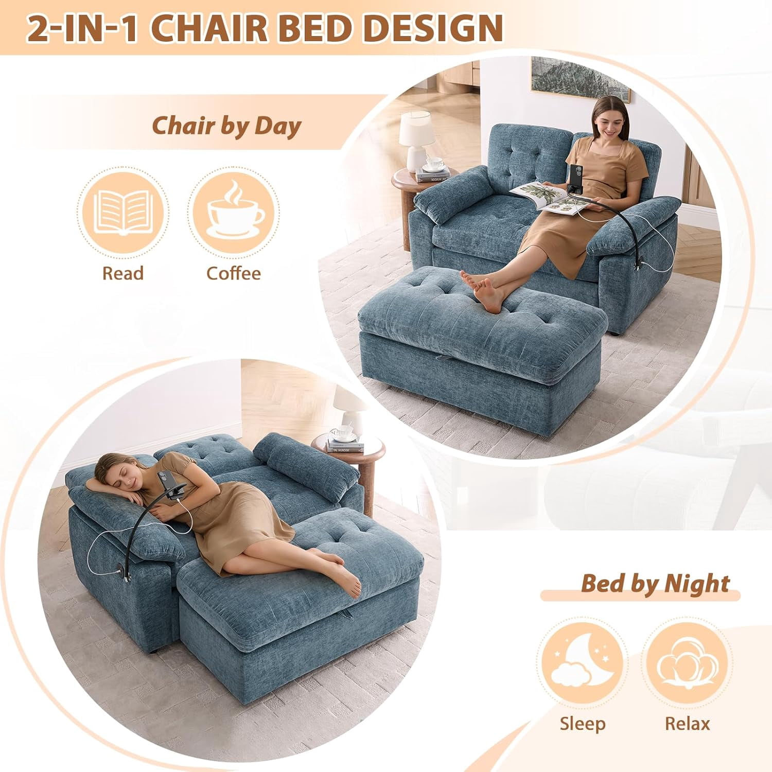 MOONMISS Oversized Chaise Lounge Chair Indoor with Ottoman&Adjustable Backrest,Chenille Tufted Recliner Sofa Chair with USB&Phone Holder,Convertible Sleeper Couch Bed for Living Room,Blue